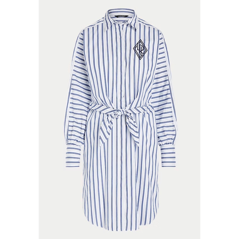 Lauren Ralph Lauren Blue White Striped Tie Waist Crest Shirt Dress Size 14